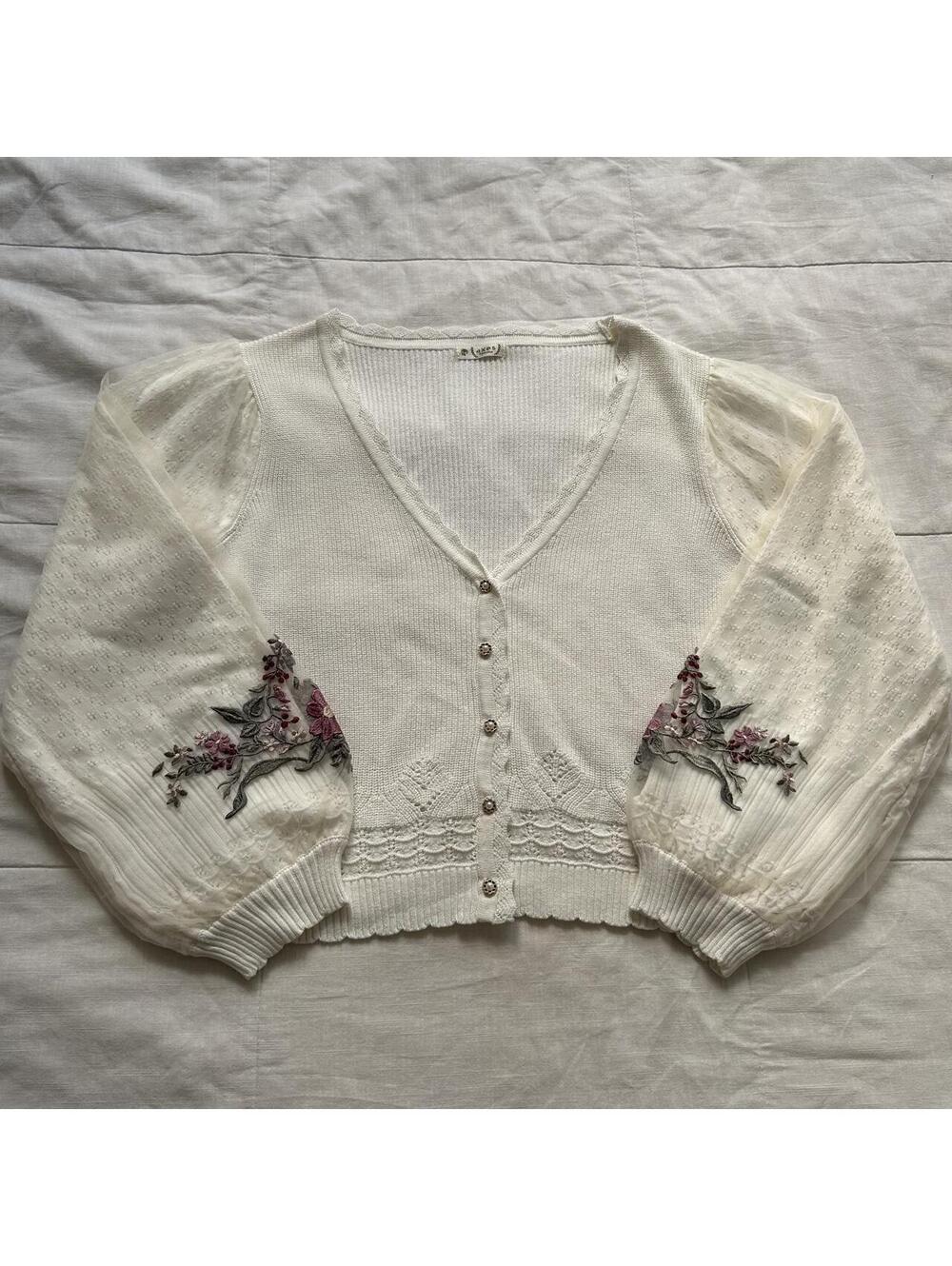 Axes Femme Ivory Embroidered Sheer Overlay Sleeve Cropped Cardigan Size M Japan